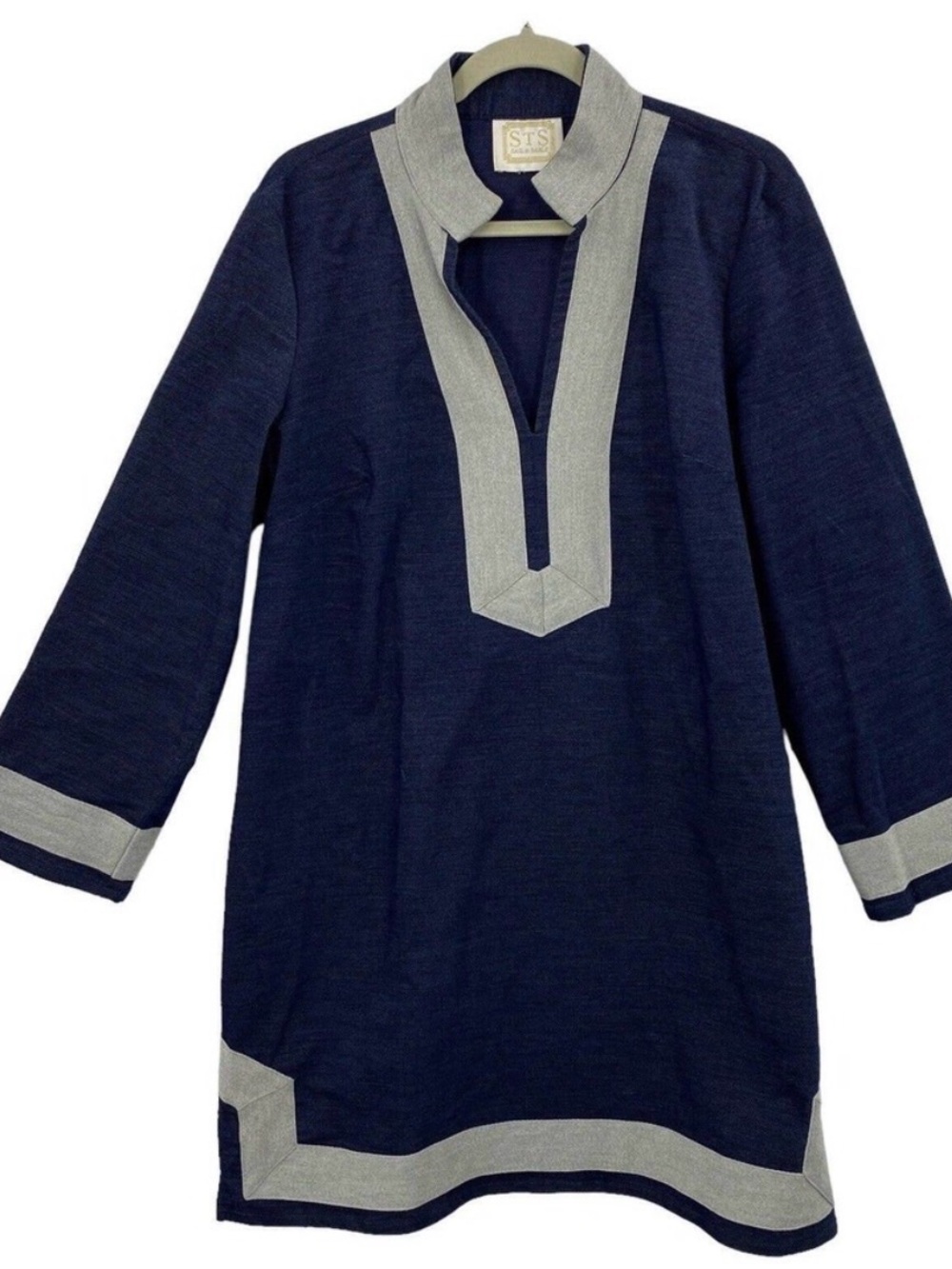 Sail to Sable Classic Tunic Dress Dark Chambray Gray Trim Long Sleeves Size XL